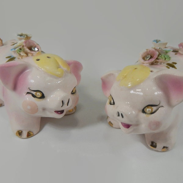 Vintage Pig Salt & Pepper Shakers - pink, yellow, blue, flowers - collectible, kitchen decor, kitsch, kitschy, animal, piggy, piggies,floral