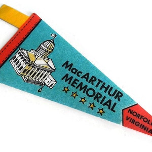 Vintage MacArthur Memorial Small Souvenir Pennant - Norfolk,Virginia,museum,mini, banner,teal,red,yellow, tourist attraction,historical site