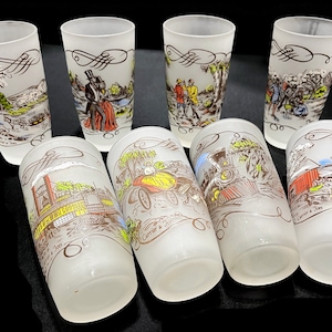 Vintage Currier & Ives Tumblers - set of 8, frosted drinking glasses, different scenes, 12 oz - glassware, barware, retro, MCM, collectible
