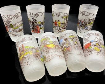 Vintage Currier & Ives Tumblers - set of 8, frosted drinking glasses, different scenes, 12 oz - glassware, barware, retro, MCM, collectible