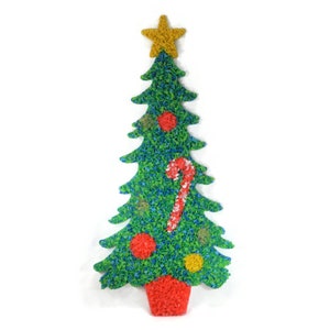 Vintage Christmas Tree Wall Hanging- melted plastic popcorn, 11.5&quot; x 23.75&quot; - holiday decor, window decoration, retro, kitschy, multi-color