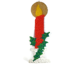 Vintage Christmas Candle Wall Hanging - melted plastic popcorn, 8" x 23" - holiday decor, window decoration, retro, kitschy, multi-color