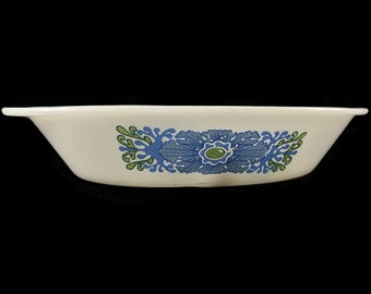 Vintage Glasbake Desert Flower Oval Divided Dish- white milk glass, blue, green, mod, 1960s- serving, bakeware, cookware, kitchen, farmhouse