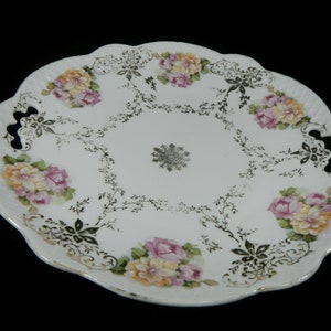 Vintage Hand Painted Plate - flowers, pink, yellow - floral, elegant, collectible, scalloped edging, gold trim, cut-out edge, decor, serving