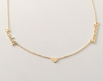 Personalized Two Names Necklace with Heart - Dainty Name Necklace - Tiny Name Charm - 2 names necklace - Bridesmaid Gift -Mother's Necklace