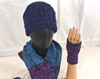 Rainy Day Knitting Patterns Discount Bundle: Rainy Day Hat, Rainy Day Mitts, and Rainy Day Scarf. Buy 3 patterns; save 3 dollars!