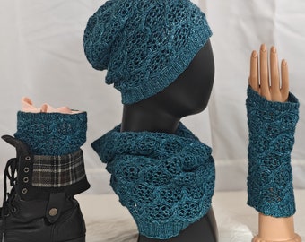 Chain Link Knitting Pattern Discount Bundle: Chain Link Hat, Chain Link Mitts, Chain Link Cowl, and Chain Link Boot Cuffs patterns.