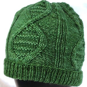 May include: A green knitted hat with a cable knit pattern. The hat is made of a soft, warm yarn and has a comfortable fit.