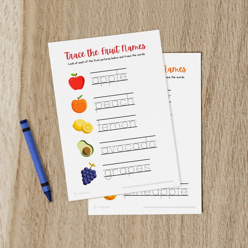 Printable Trace the Fruit Names Worksheets for Preschoolers Etsy