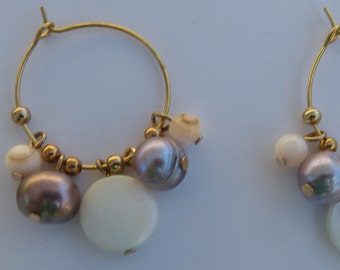 Tropically Encirled / Handmade Natural Hoops/ Natural Beaded Hoops/Pearl Hoops/Pearl Earrings