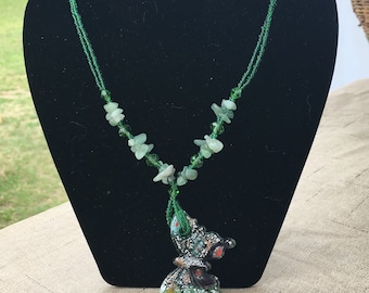 Green Butterfly Pendant Necklace/ Glass & Gemstone Necklace / Butterfly Necklace/ Beaded Necklace
