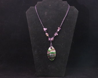 Oval Stripe Pendant Necklace / Amethyst Necklace/ Purple Glass Pendant Necklace / Beaded Necklace /Seed Bead Necklace