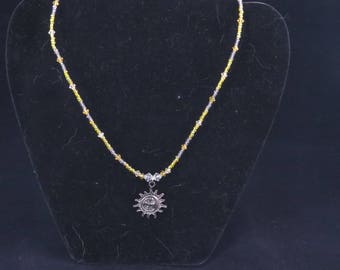 Yellow & Clear Seed Bead Necklace with Sun/Moon Pendant/ Beaded Necklace with Pendant