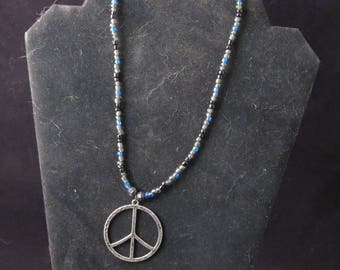 Blue,Black and Gray with Peace Sign/ Beaded Necklace with Peace Sign Pendant