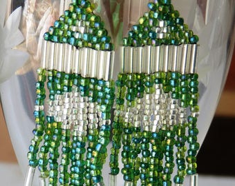Rainbow Green & Clear Beaded Tassel Earrings / Handmade Beaded Tassel Earrings / Handmade Beaded Dangle Earrings