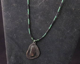 Green & Black with Flat Stone Pendant/ Handmade Green and Black Necklace with Pendant