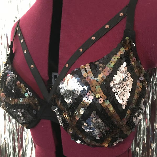 Custom Order: Silver Black Brown Iridescent Sequin Diamond Burlesque/Rave Bra