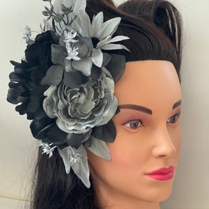 Dark Pinup- Large Gray Black Silver Flower Bouquet Hair Clip
