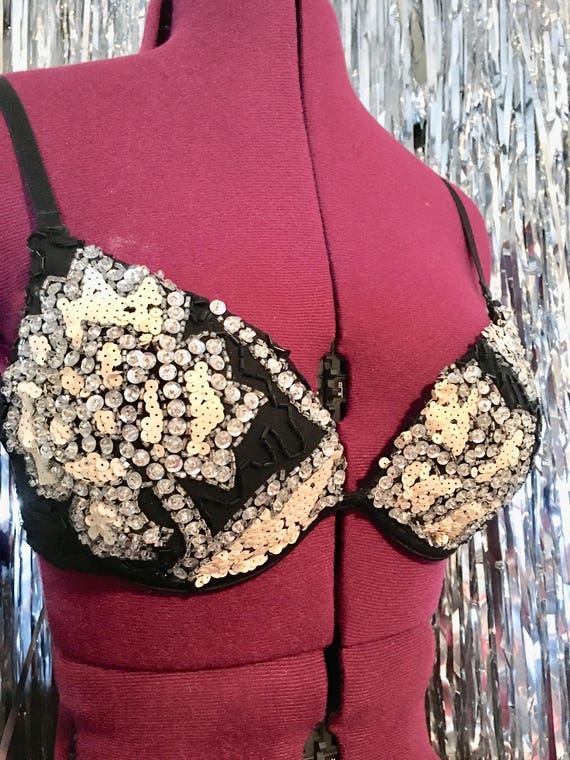 36A Pushup Sequin and Beaded Burlesque/rave Bra Black, Silver