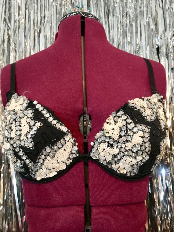 36A Pushup Sequin and Beaded Burlesque/rave Bra Black, Silver, Cream 