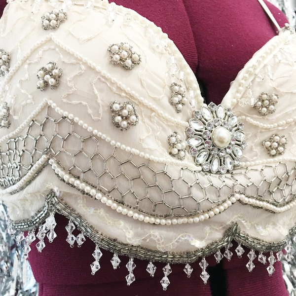 36B Glam Burlesque Vegas Showgirl Costume Bra Top Beading Pearls