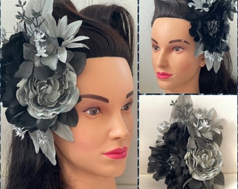 Dark Pinup- Large Gray Black Silver Flower Bouquet Hair Clip