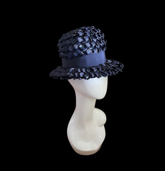 Vintage Navy Blue Cellophane Straw Hat - Etsy display picture 2