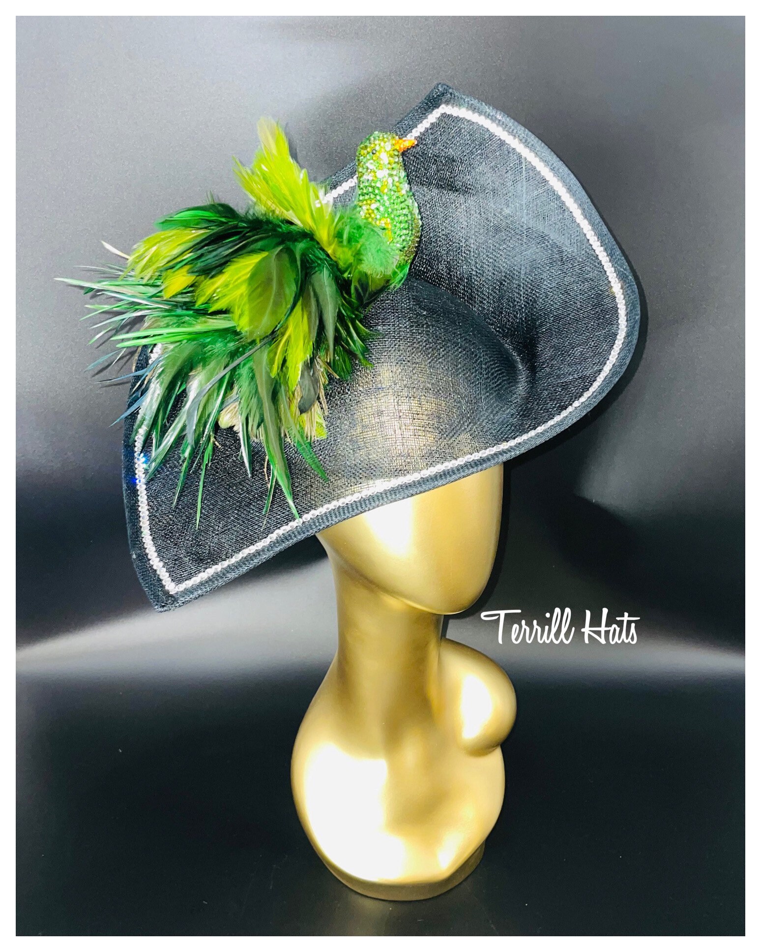 Big Black Fascinator W/crystal Green 