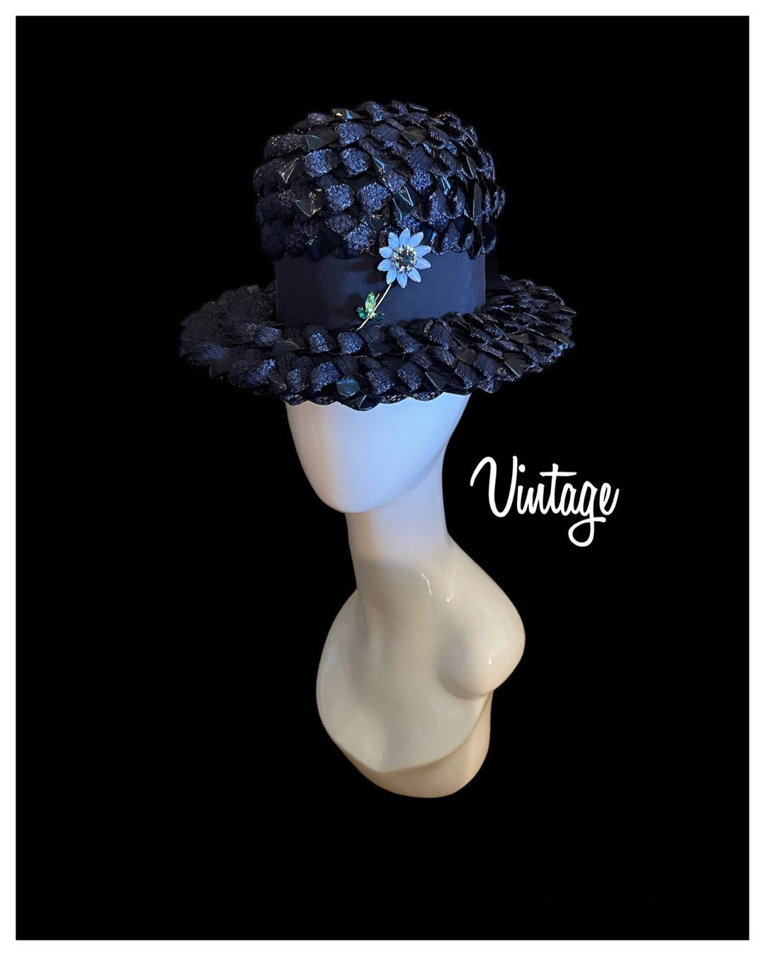 Vintage Navy Blue Cellophane Straw Hat - Etsy display picture 1