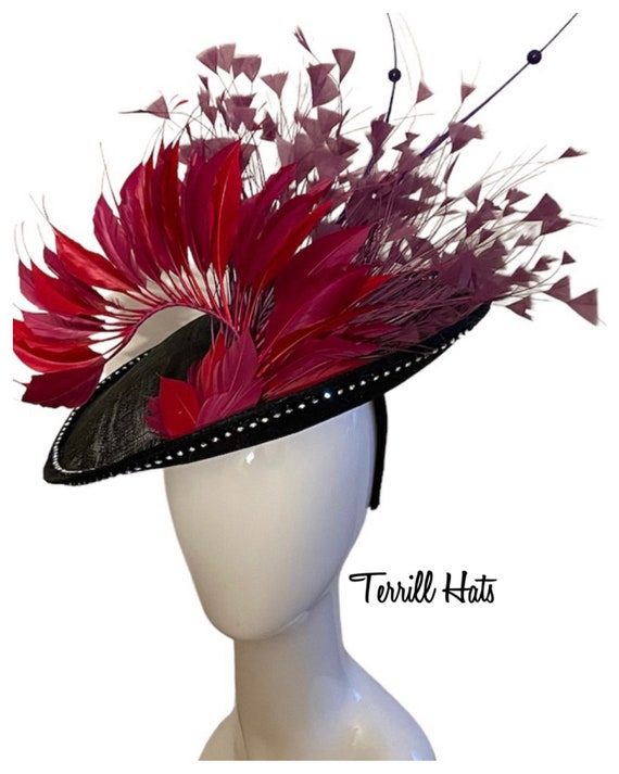 Red and purple feather fascinator Red and Purple Large Feather Fascinator Hat With Rhinestones  main image 3