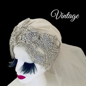 Vintage White  Wedding Turban Veil W/Swarovski Crystals