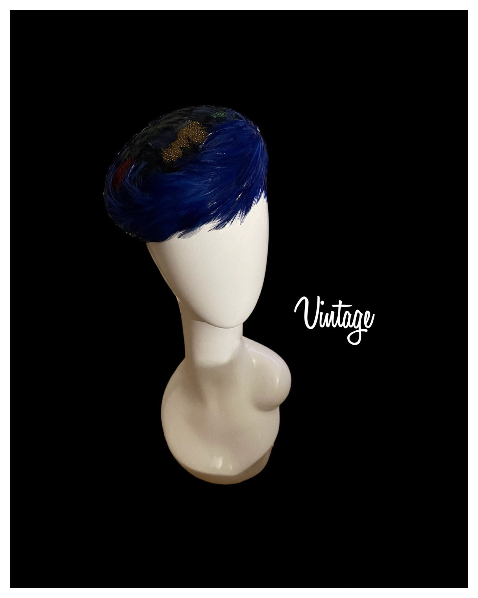 Rare Vintage Feathered Headband Fascinator w/ Red, Blue & Green Accents with Box Elegant Women Flower Fascinators Kentucky Headband Derby Hat  main image 4