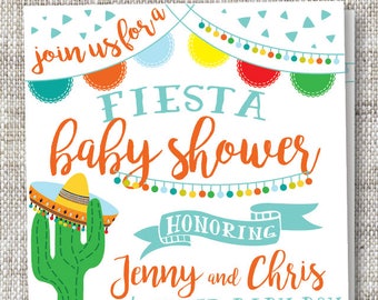Customizable Fiesta Party Invitation with Cactus, Sombrero, Banner and Garland | Fiesta Themed Couples Baby Shower Invite With Bright Colors