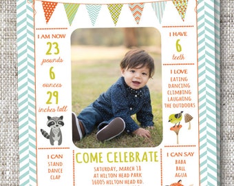 Customizable Woodland Animals Birthday Invitation with Herringbone Patterns and Fun Woodland Animals | Boy or Girl Birthday Party Invitation