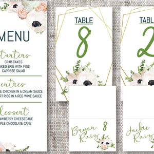 Menús de mesa de boda geométrica, tarjetas de nombres y números de mesa con flores y detalles dorados / Accesorios de mesa elegantes, modernos y geométricos