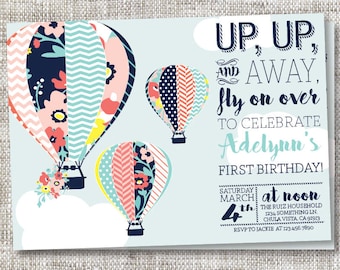 Up Up and Away Birthday Invite with Hot Air Balloons and Flowers | Hot Air Balloon Pattern Party Invitation With Fun Colors for Baby Shower