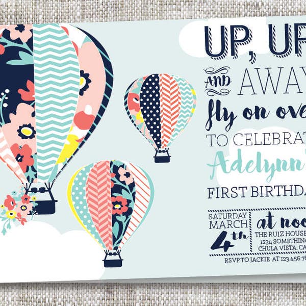Up Up and Away Birthday Invite with Hot Air Balloons and Flowers | Hot Air Balloon Pattern Party Invitation With Fun Colors for Baby Shower