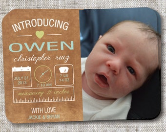 Custom Kraft Baby Announcement With Baby Measurements and Photo - Custom Baby Announcement - Keepsake Prints for Newborn Babies and Families