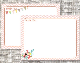 Coral Pink Herringbone Thank You Cards With Flag Banner and Woodland Animal Detailing | Custom Thank You Cards With Retro Designs and Colors
