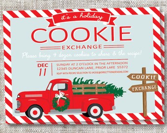 Customizable Holiday Cookie Exchange Invite with Red Truck, Christmas Tree and Striped Background | Cheery and Bright | Holiday Party Invite