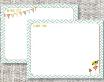 Aqua Blue Herringbone Thank You Cards With Flag Banner and Woodland Animal Detailing | Custom Thank You Cards With Retro Designs and Colors