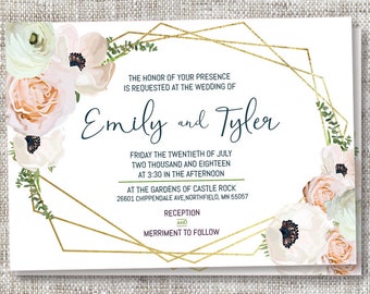 Customizable Geometric Wedding Invitation with Flowers and Gold Detailing | Complete Wedding Invite Suite That's Elegant, Modern & Geometric