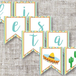 Custom Fiesta Flag Banner | Mexican Fiesta Flag Party Banner with Cactus & Sombrero | Birthday Party, Baby Shower, Fiesta Party Flag Banner