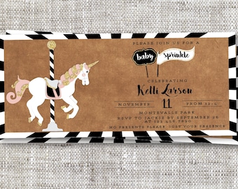 Customizable Unicorn Striped Carousel Baby Shower Invitation with Glitter - Unicorn Baby Sprinkle Invitation, Unicorn Birthday Party Invite