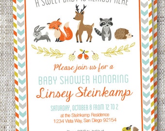 Customizable Woodland Animals Baby Shower Invitation with Bright Retro Patterns and Fun Woodland Animals | Bright, Cheery Baby Shower Invite