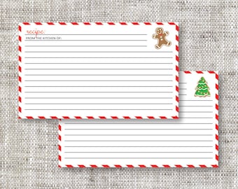 Custom Recipe Cards with Gingerbread Man and Christmas Tree Cookies and Red and White Striped Background | Cookie Exchange Recipe Cards