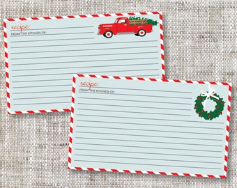 Custom Holiday Recipe Cards with Red Truck and Christmas Wreath | Red and White Striped Background | Cheery and Bright, Holiday Recipe Cards