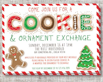 Customizable Holiday Cookie Exchange Invite with Cookie Details | Gingerbread and Christmas Tree Cookie Invite | Ornament Exchange Party
