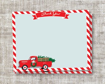 Custom Holiday Thank You Cards With Red Truck and Wreaths | Red and White Striped Background | Cheery and Bright, Holiday Thank You Cards