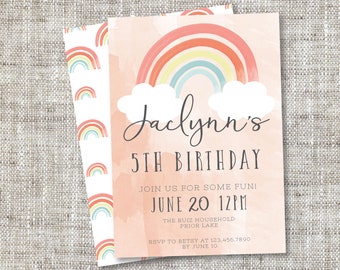 Customizable Rainbow and Clouds Birthday Party Invitation for Little Girl | Invitations with Pink/Purple Rainbows and Watercolor Backgrounds